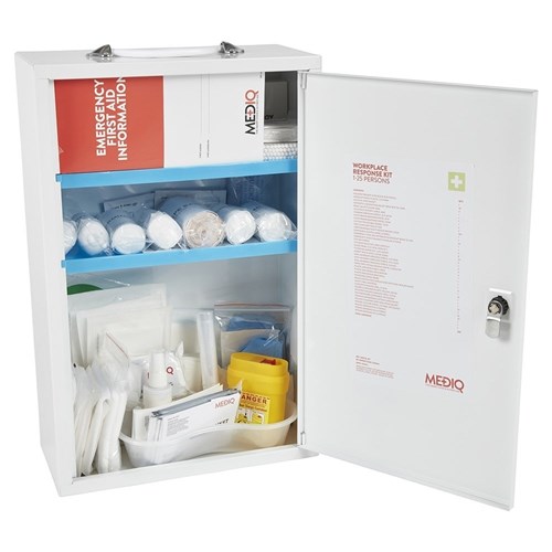 ESSENTIAL WORKPLACE RESPONSE FIRST AID KIT IN METAL WALL CABINET