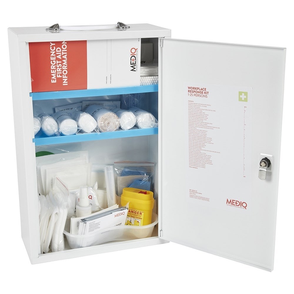 Workplace Response Kits (Low Risk), ESSENTIAL WORKPLACE RESPONSE FIRST AID  KIT IN METAL WALL CABINET